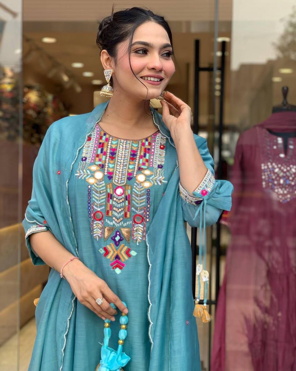 EXCLUSIVE DESIGNER HEAVY COTTON WITH EMBROIDERY MIRROR WORK SUIT