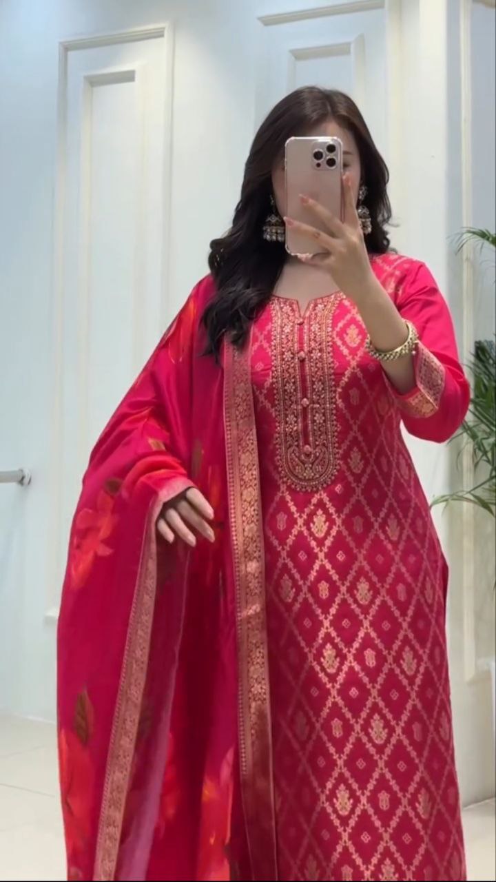 Red Banarasi Silk Premium Suit Set