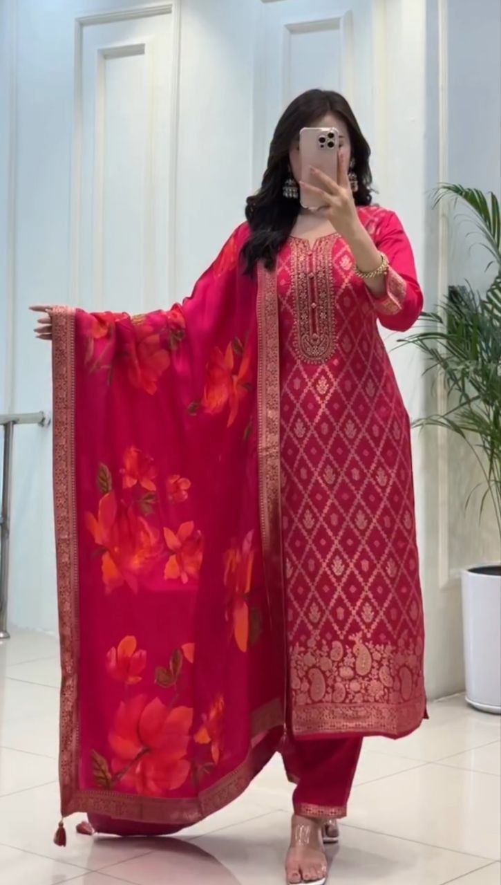 Red Banarasi Silk Premium Suit Set