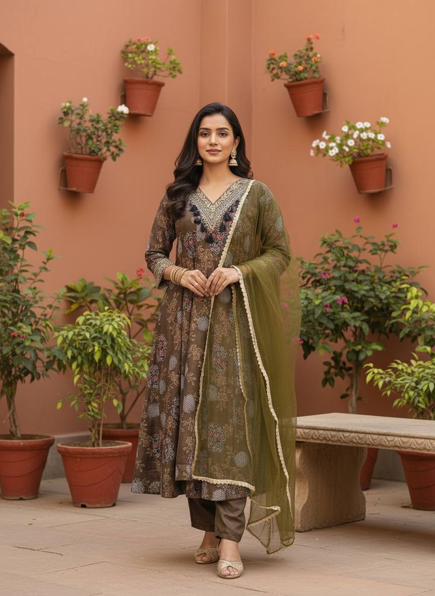 Green Embroidered With Print Work Suit Set