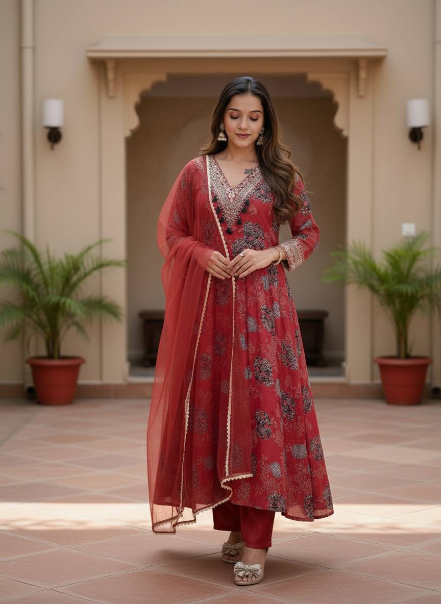Red Embroidered With Print Work Suit Set