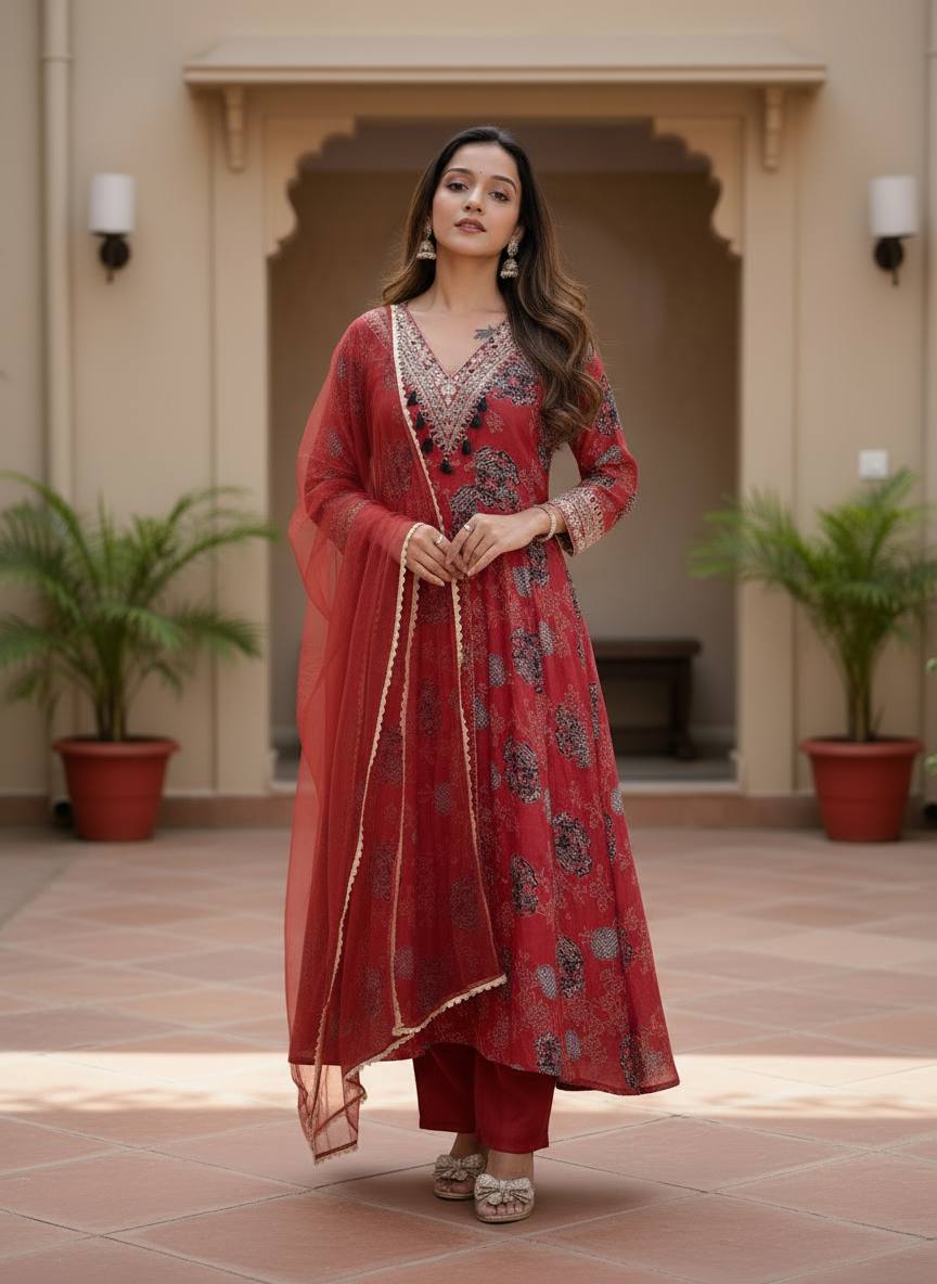 Red Embroidered With Print Work Suit Set