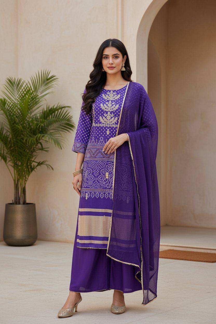 Purple  Bandhani Print Embroidered Suit Set