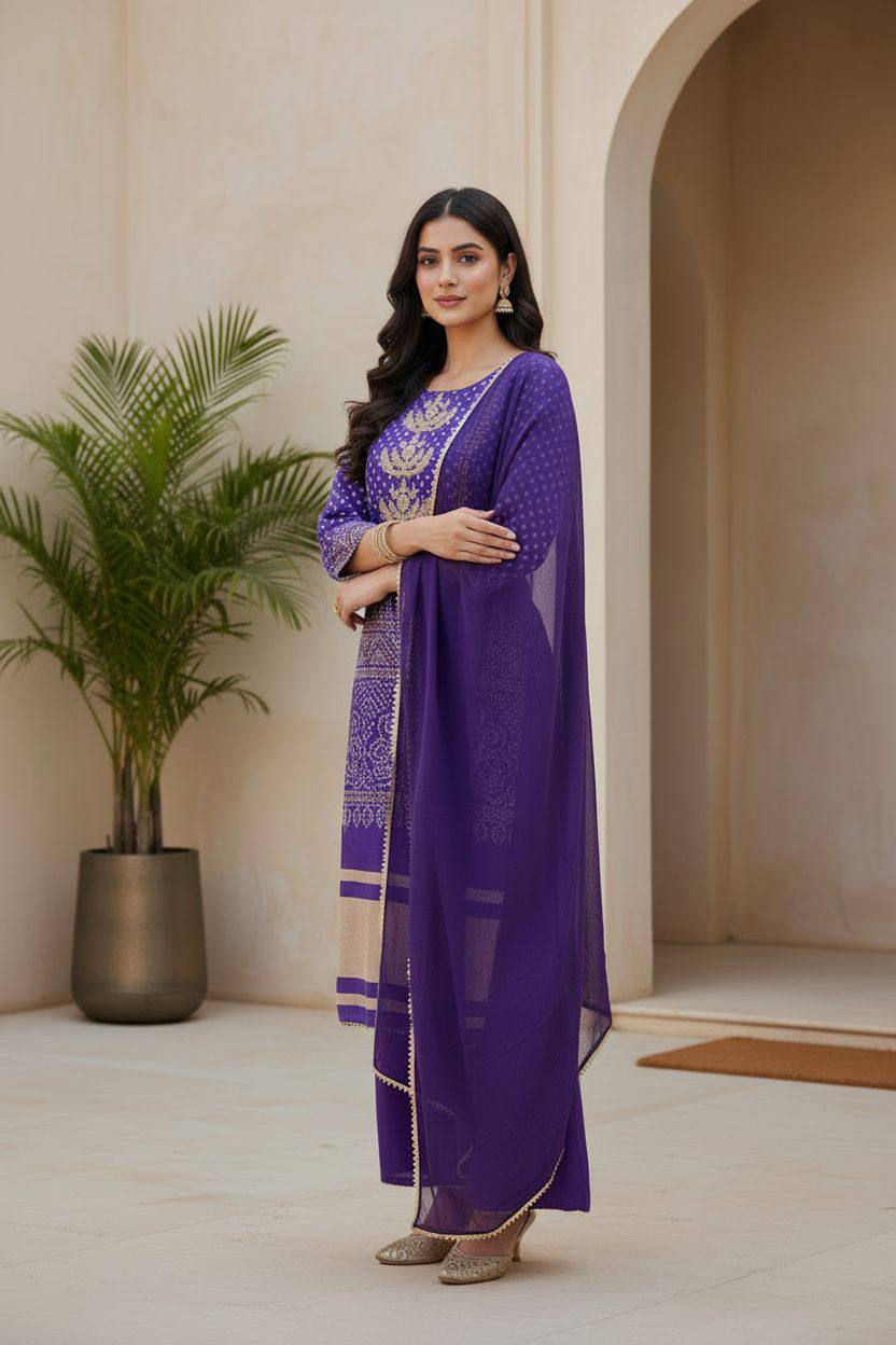 Purple  Bandhani Print Embroidered Suit Set