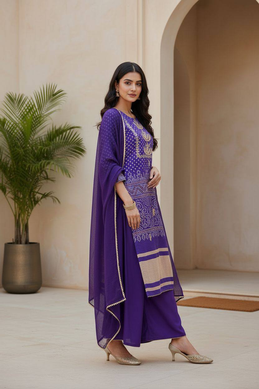 Purple  Bandhani Print Embroidered Suit Set