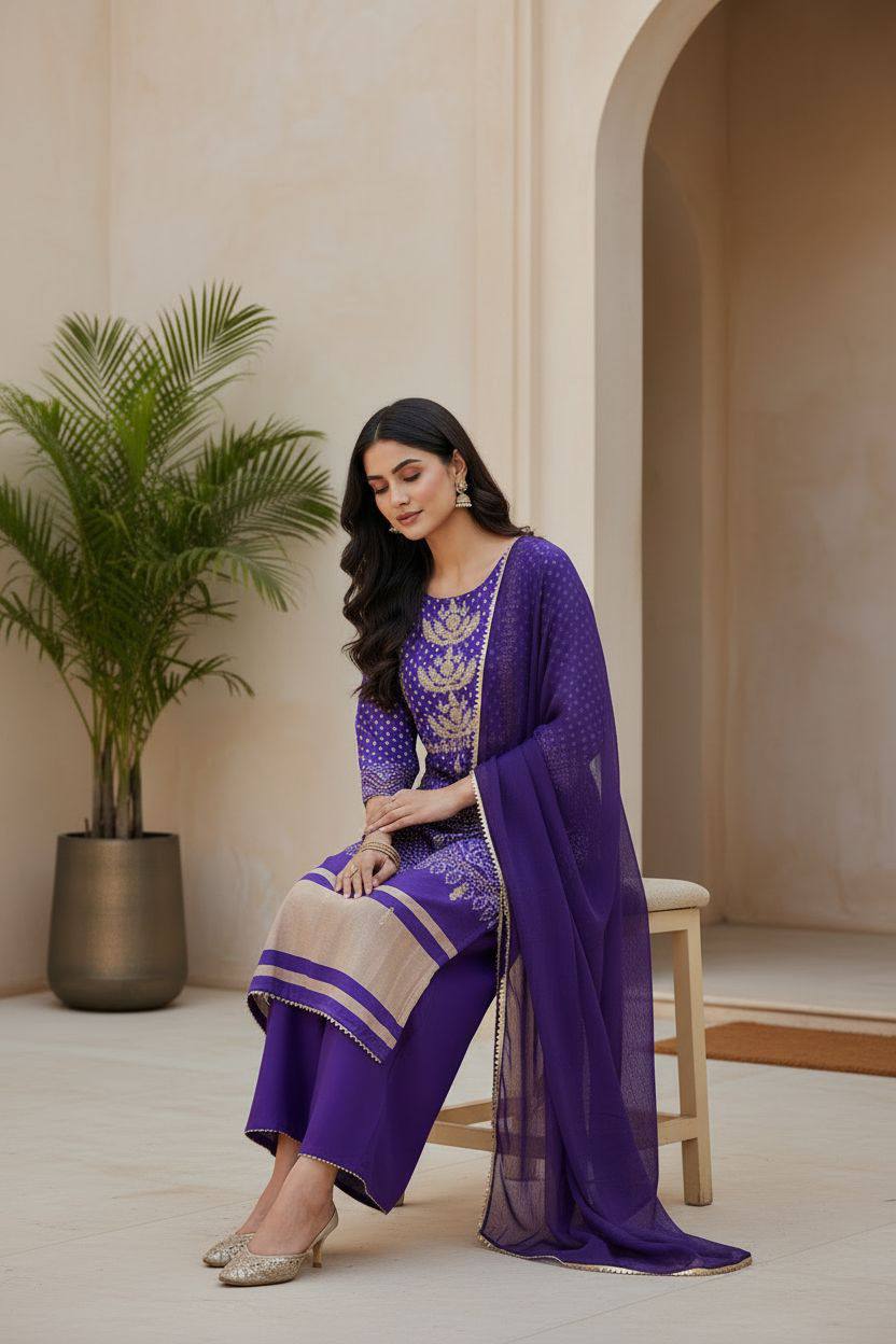 Purple  Bandhani Print Embroidered Suit Set
