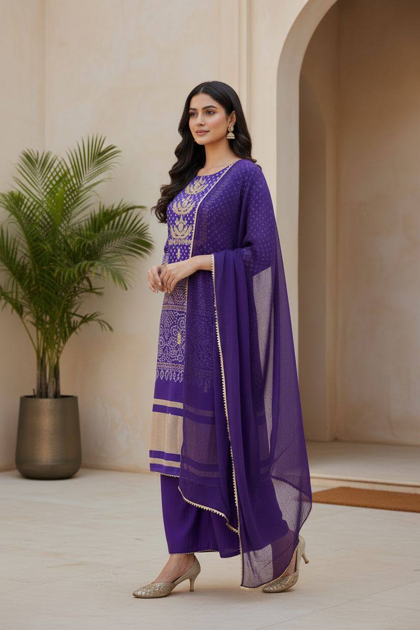 Purple  Bandhani Print Embroidered Suit Set