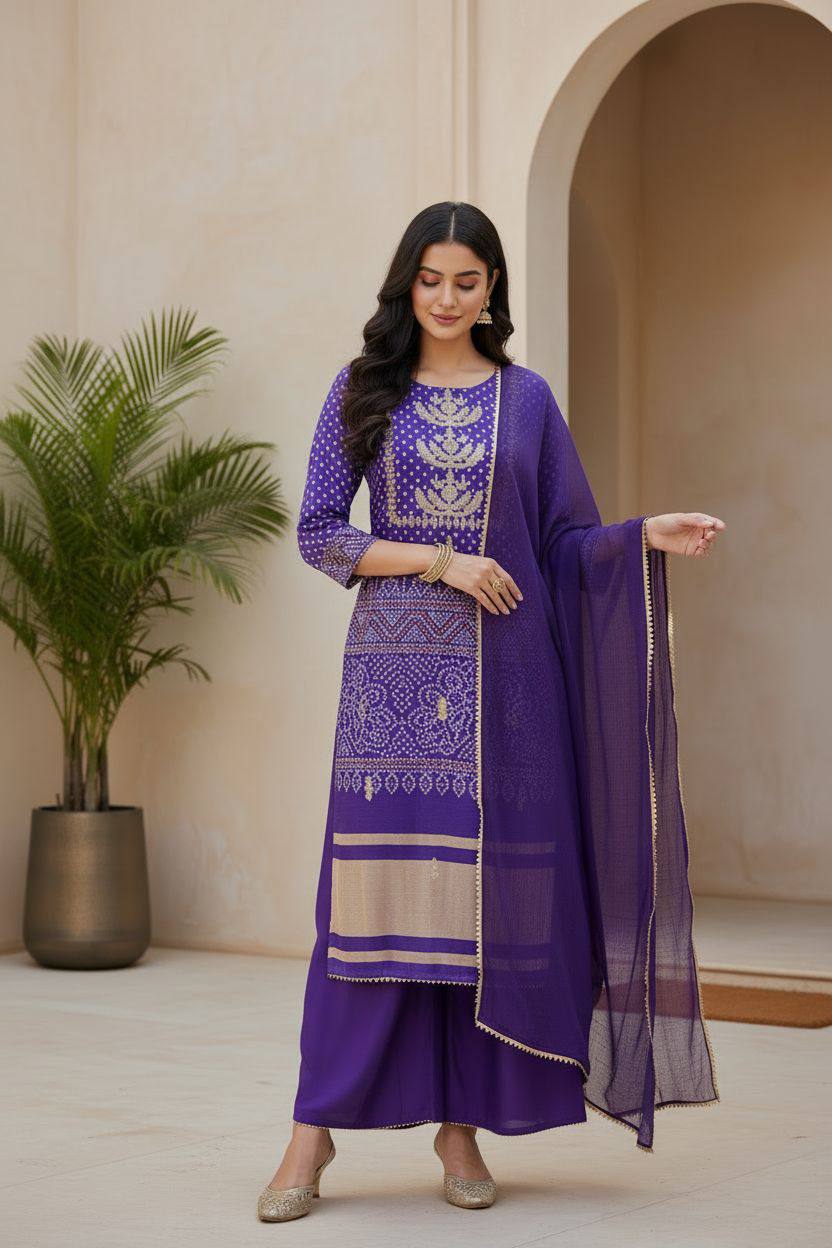 Purple  Bandhani Print Embroidered Suit Set
