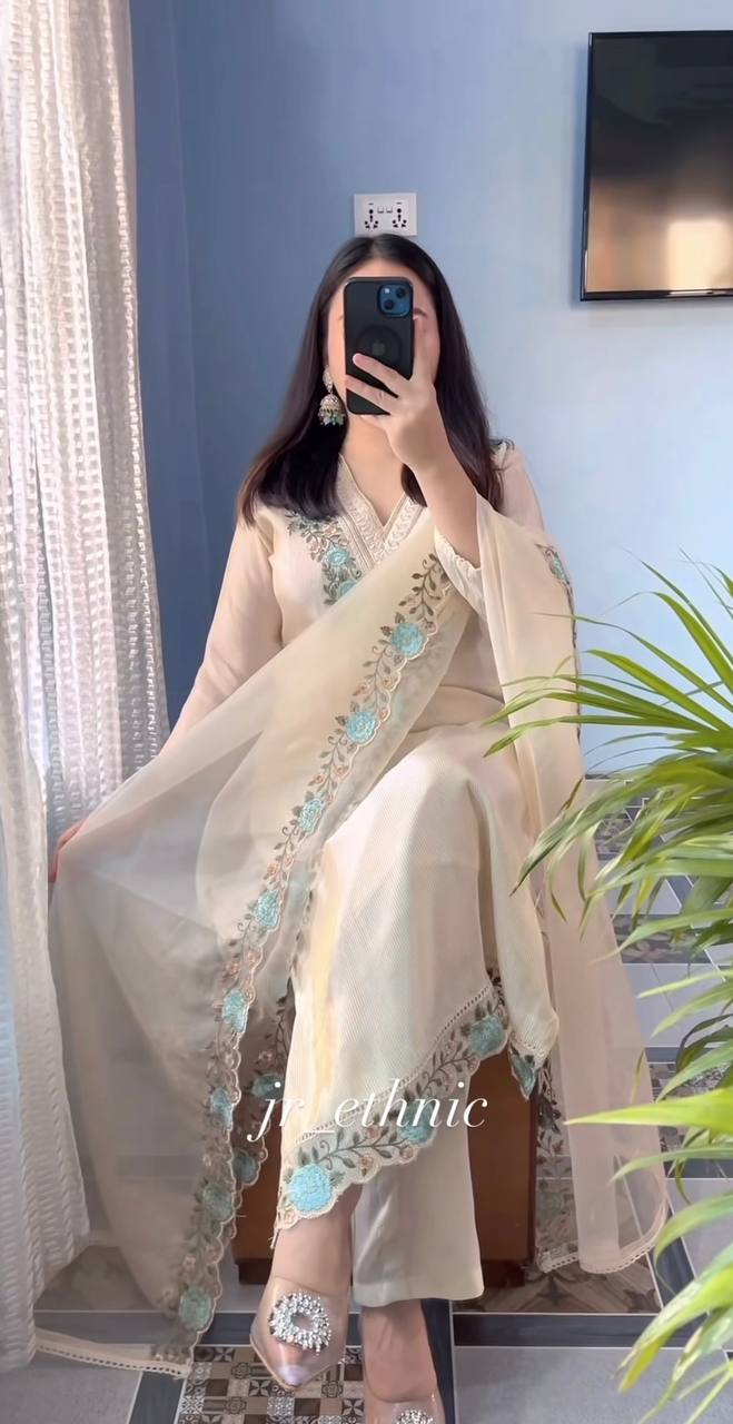 Off-White Pure Silk Strip Embroidered Suit Set