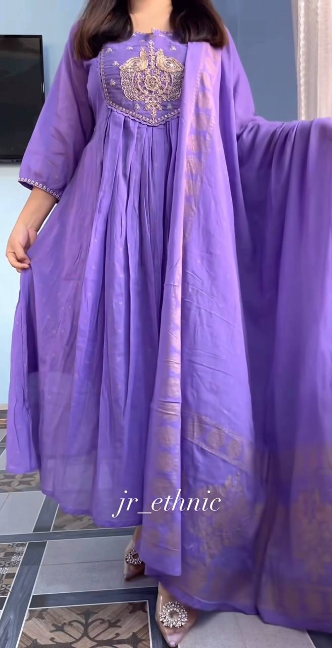 Purple Pure Cotton Embroidered Suit Set