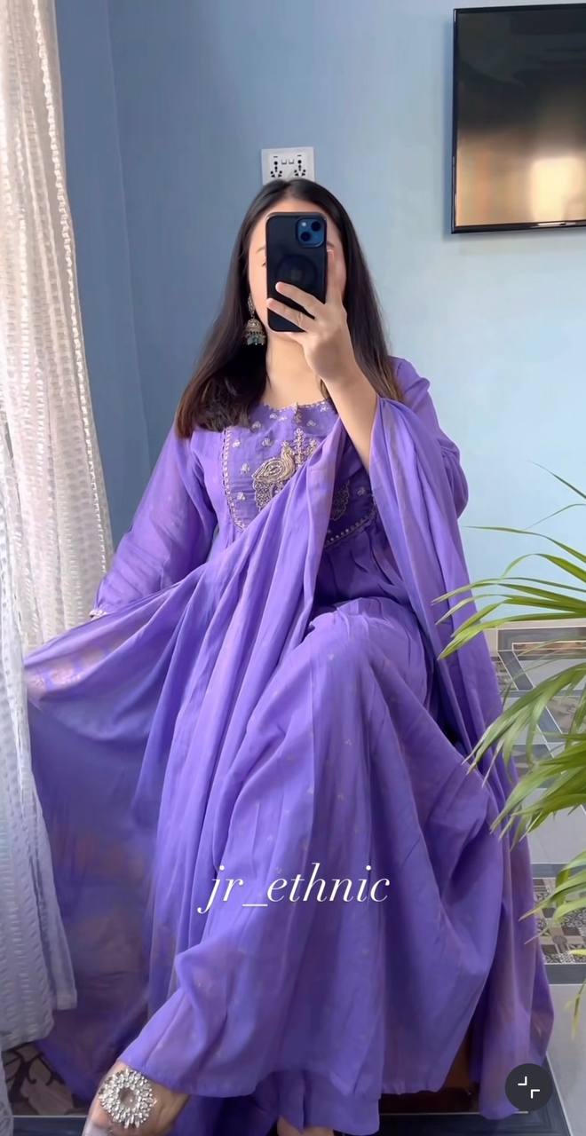 Purple Pure Cotton Embroidered Suit Set