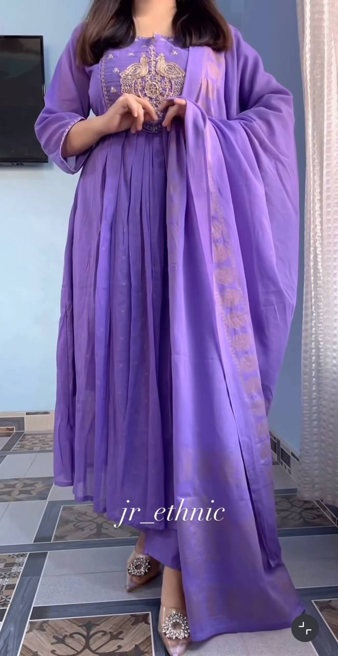 Purple Pure Cotton Embroidered Suit Set