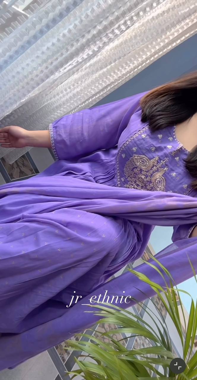 Purple Pure Cotton Embroidered Suit Set