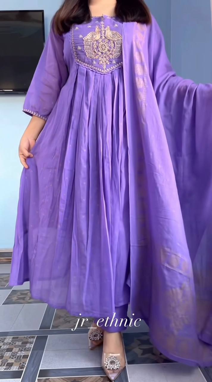 Purple Pure Cotton Embroidered Suit Set