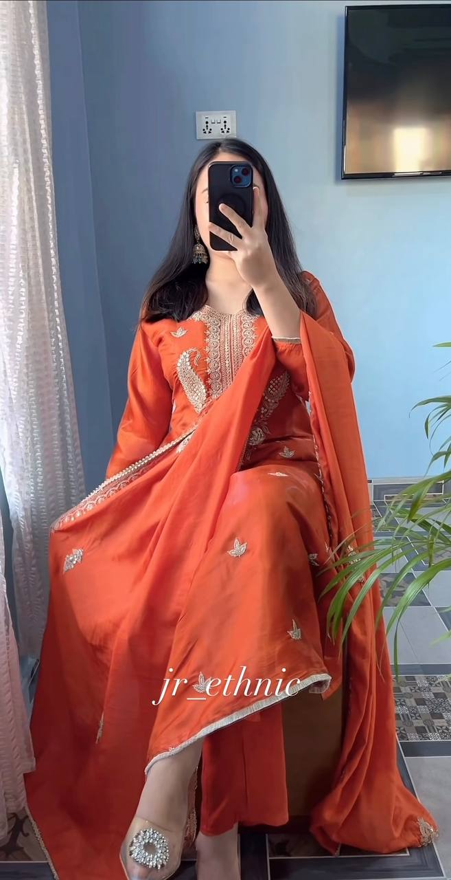 Orange Silk Embroidered Suit Set