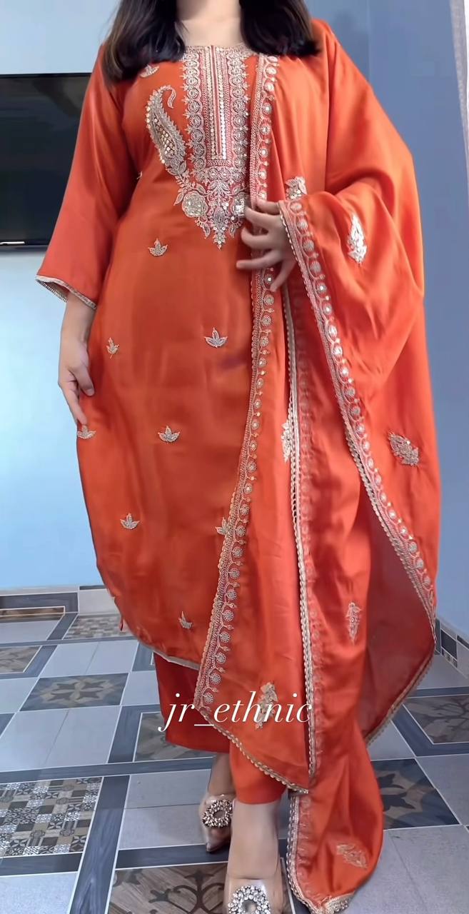 Orange Silk Embroidered Suit Set