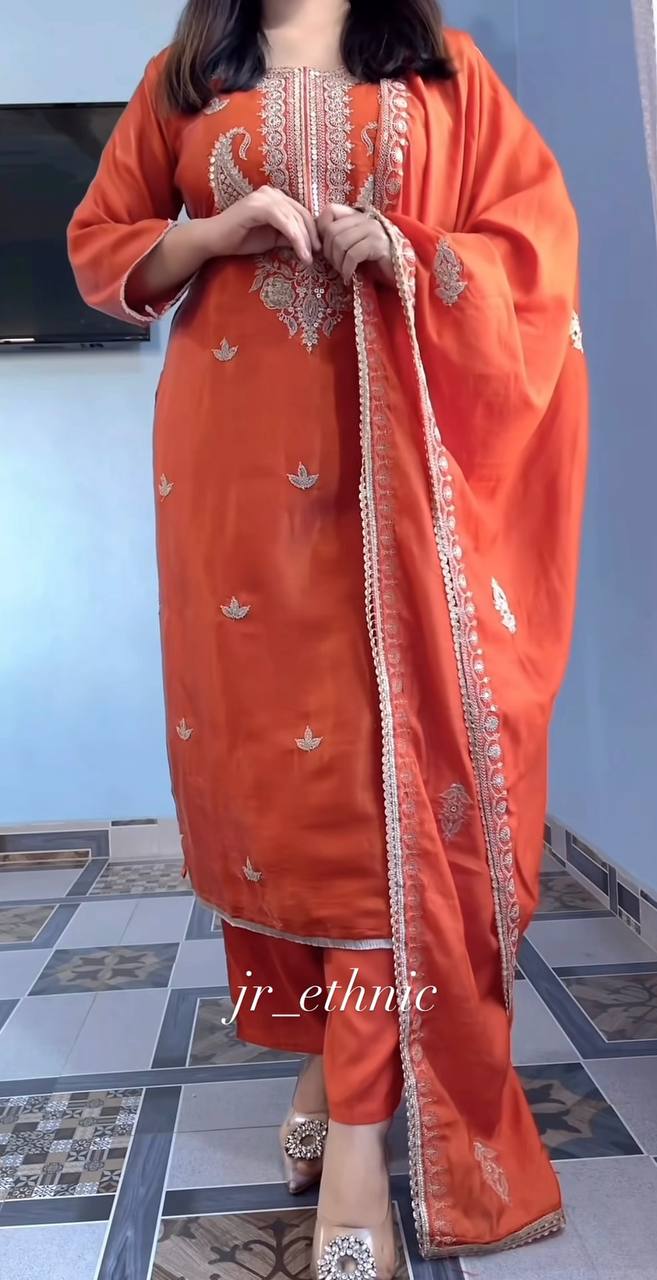 Orange Silk Embroidered Suit Set