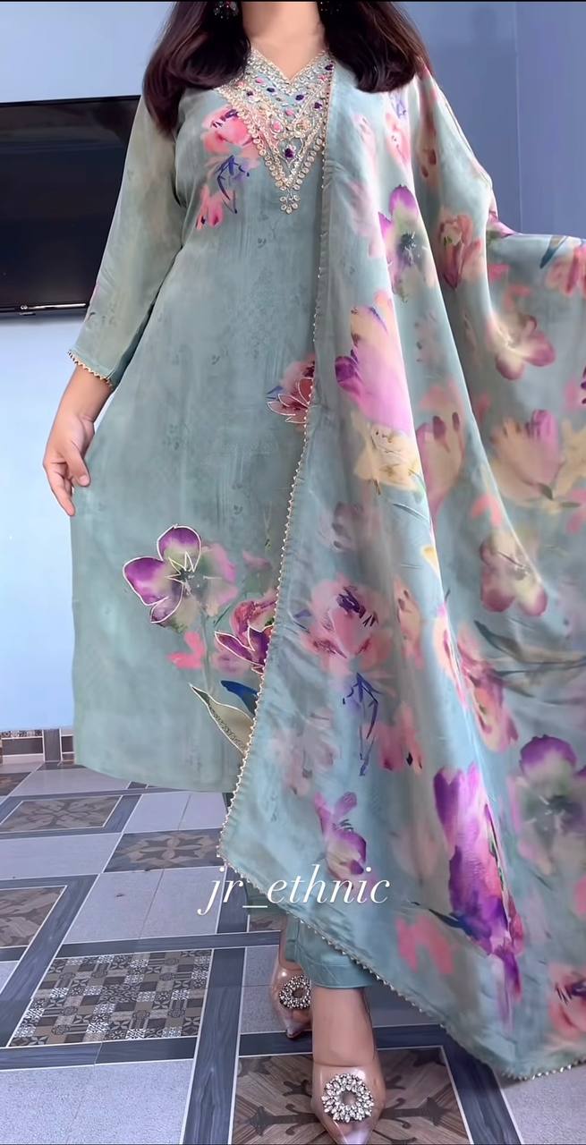 Teal Silk Embroidered With Print Work Suit Set