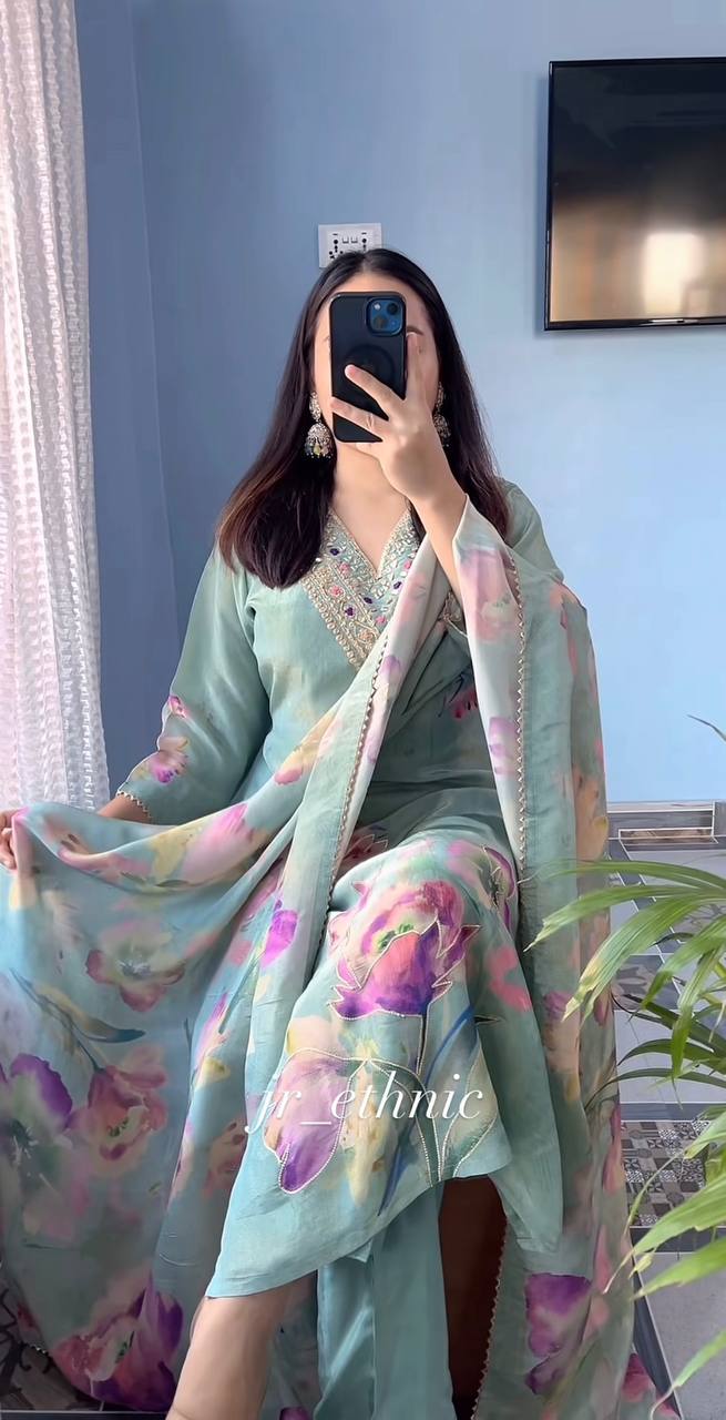 Teal Silk Embroidered With Print Work Suit Set