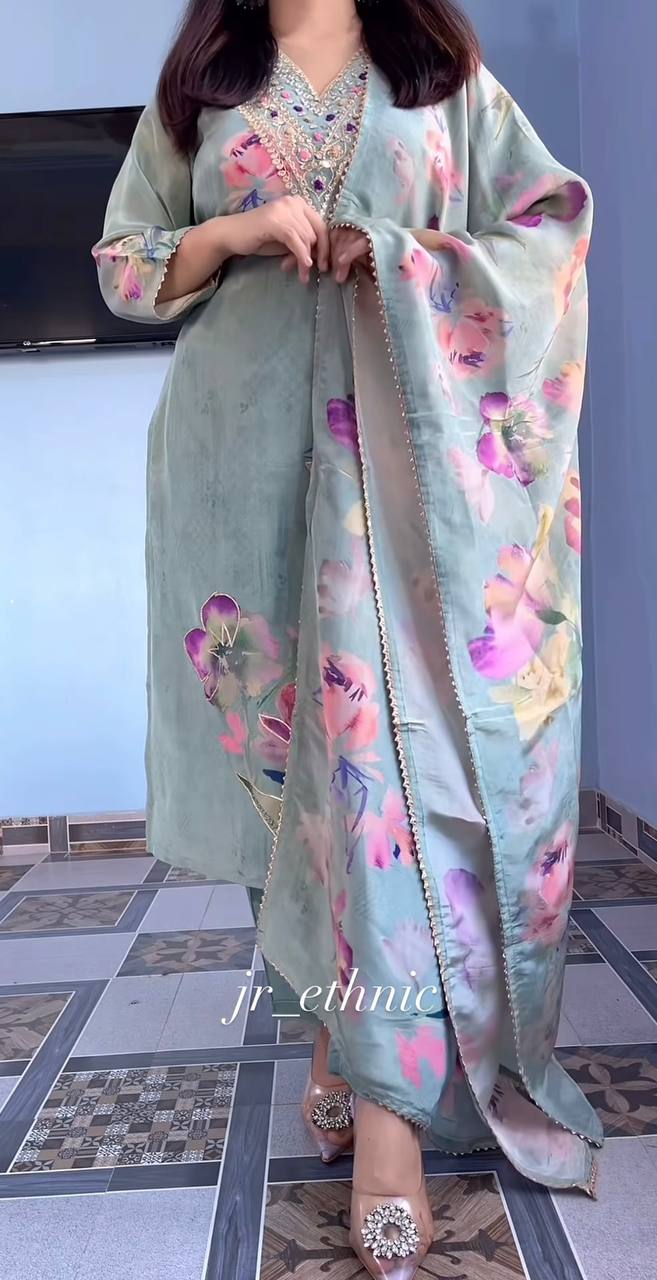 Teal Silk Embroidered With Print Work Suit Set