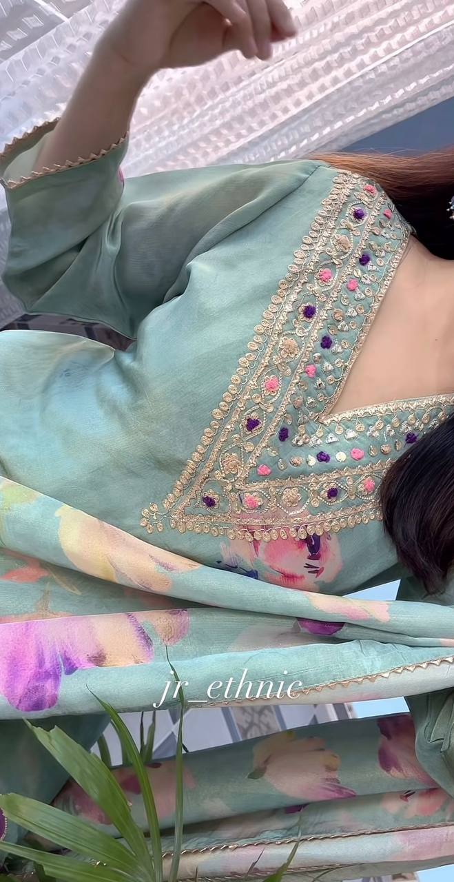 Teal Silk Embroidered With Print Work Suit Set