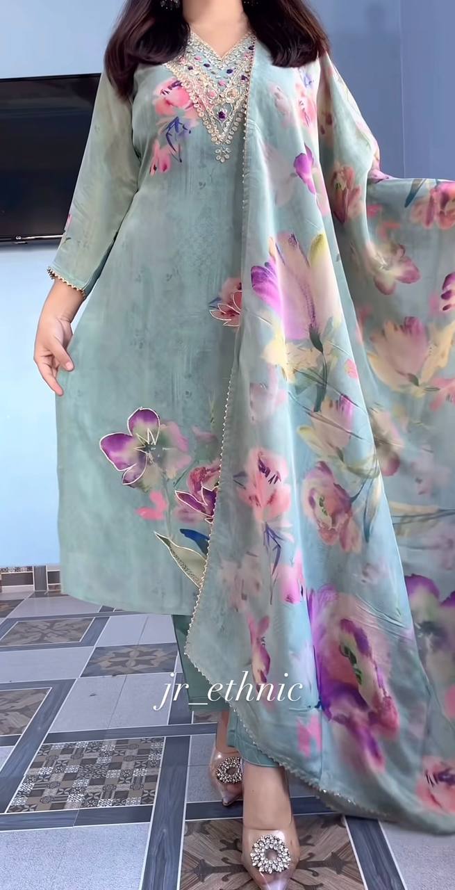 Teal Silk Embroidered With Print Work Suit Set